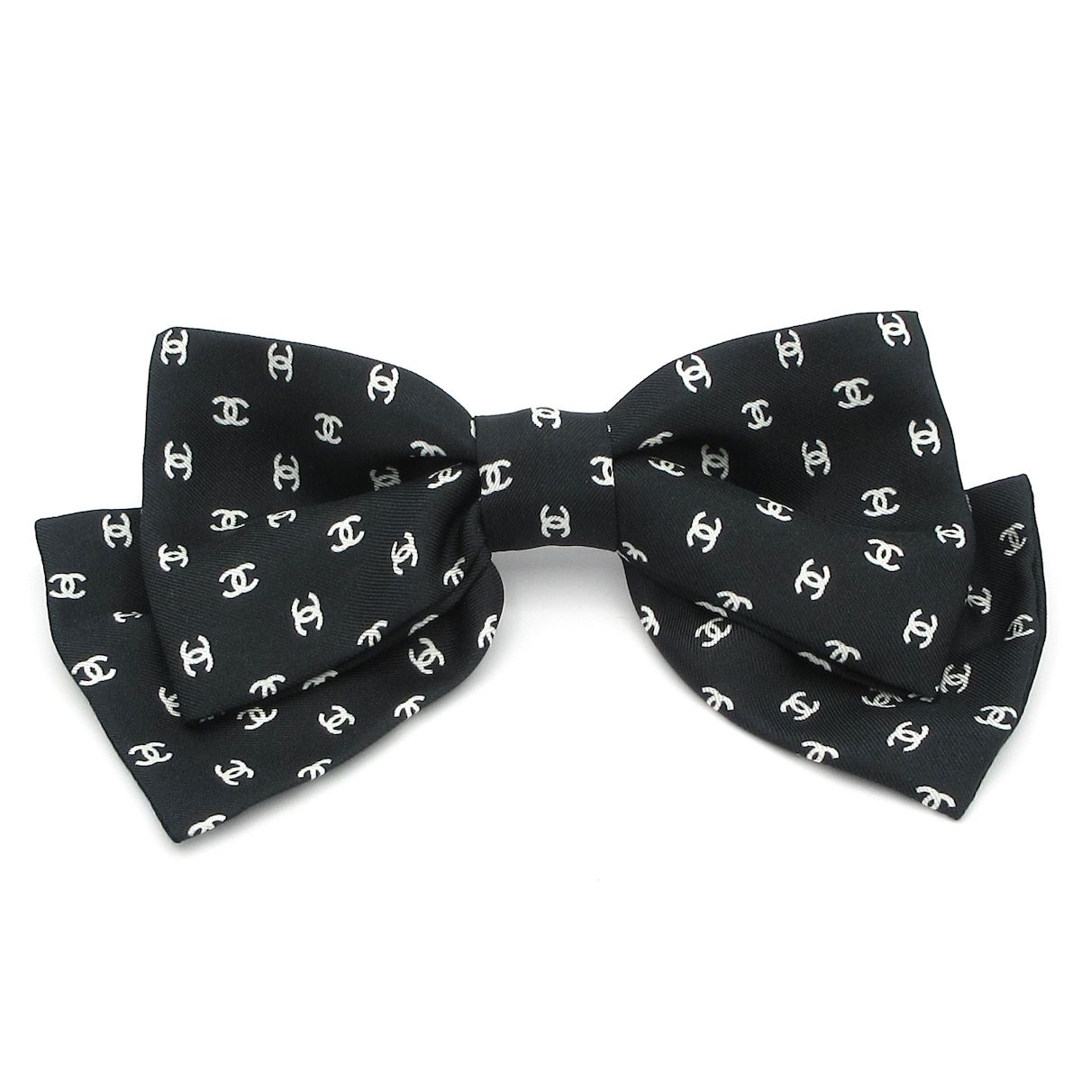 CHANEL(シャネル) バレッタ美品 ココマーク シルク 黒×白×シルバー