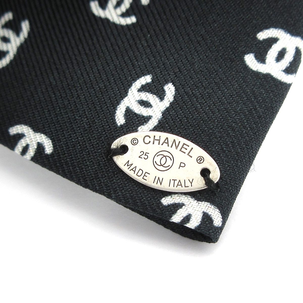 CHANEL(シャネル) バレッタ美品 ココマーク シルク 黒×白×シルバー
