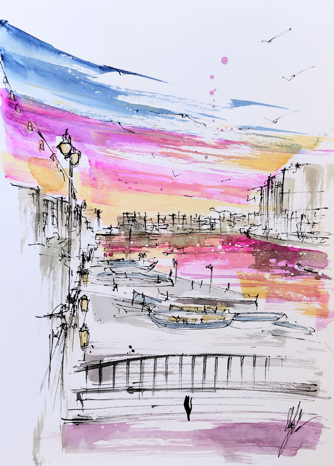 原画#161 黒猫 猫 夕暮れ マルタ共和国 水彩画 ヨーロッパ