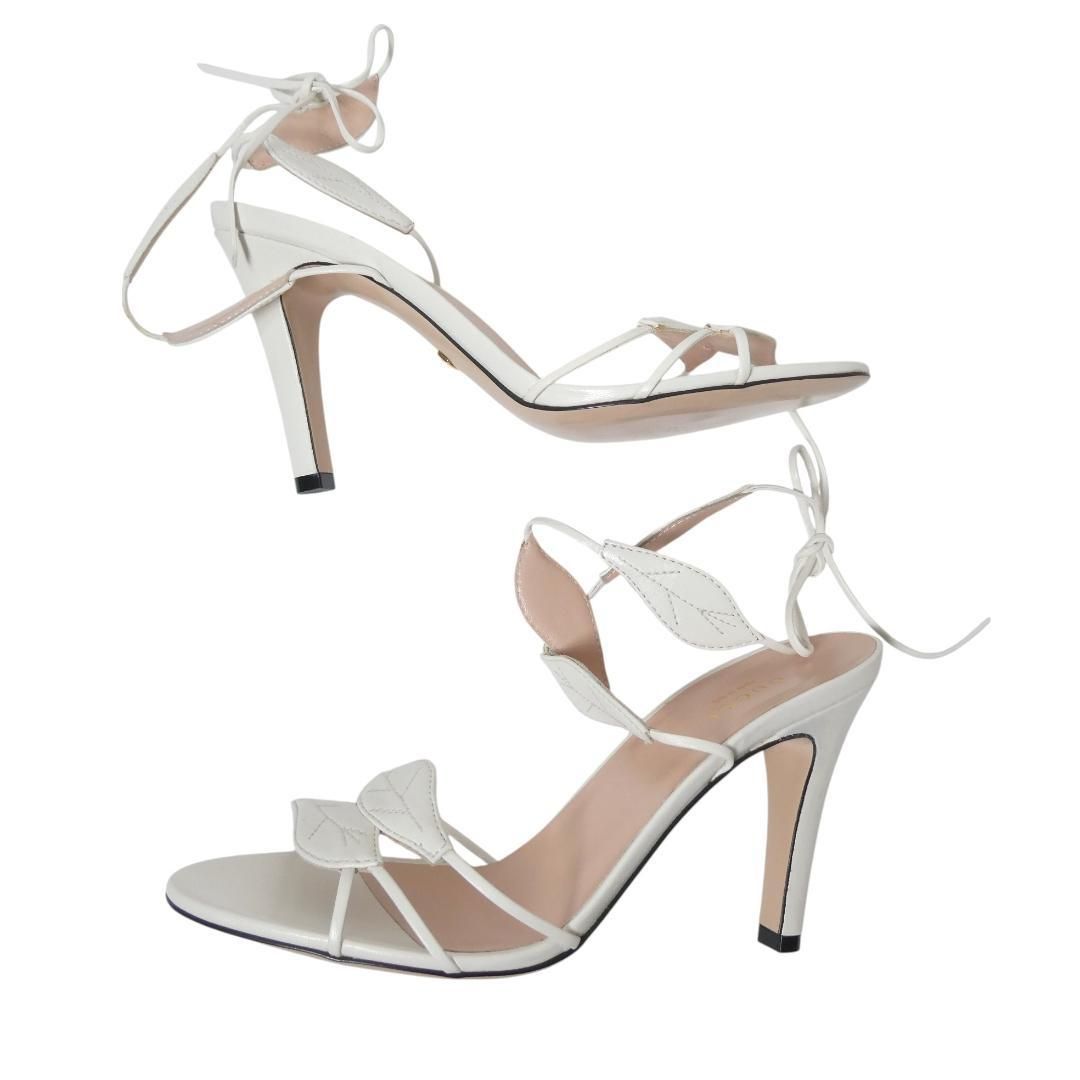 GUCCI ホワイト ブラック ミュール 約10cmヒール 極美品 GUCCI グッチ サイズ38 約25㎝ レザー リーフモチーフ サンダル