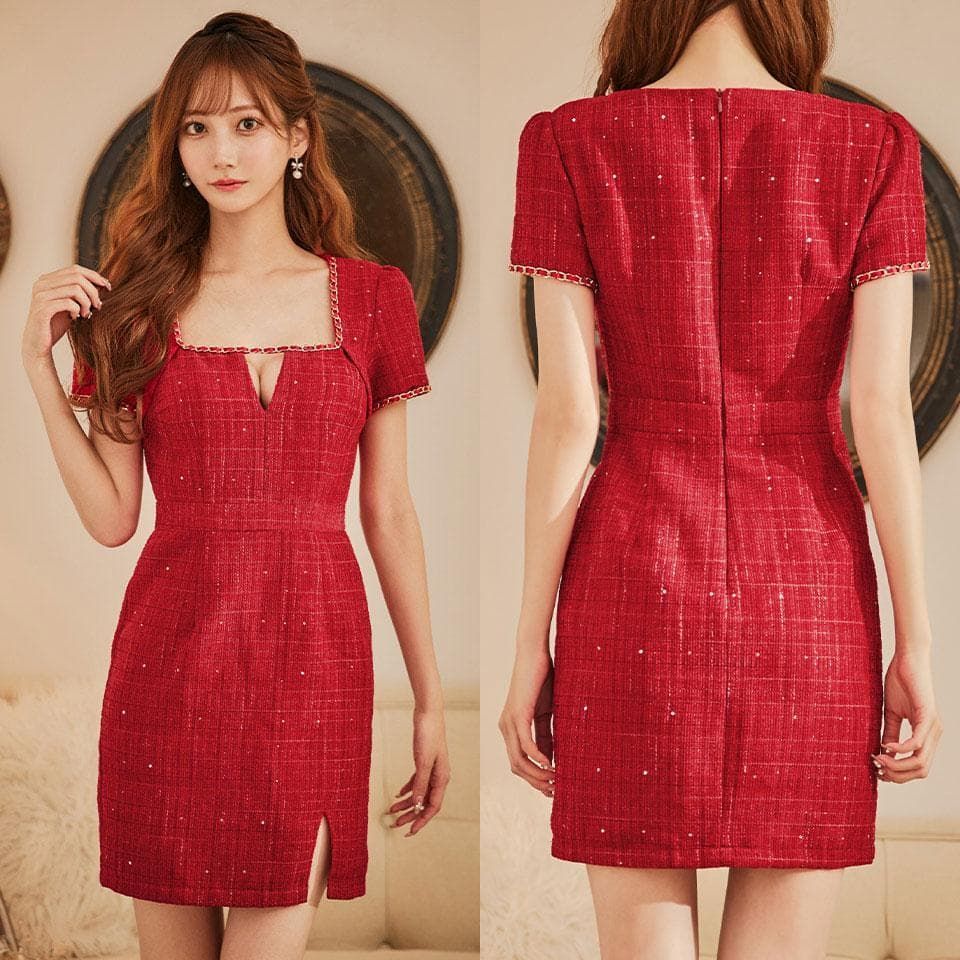 JEWELS 本物 / ジュエルズ】ツイードミニドレス チェーン ワインレッド