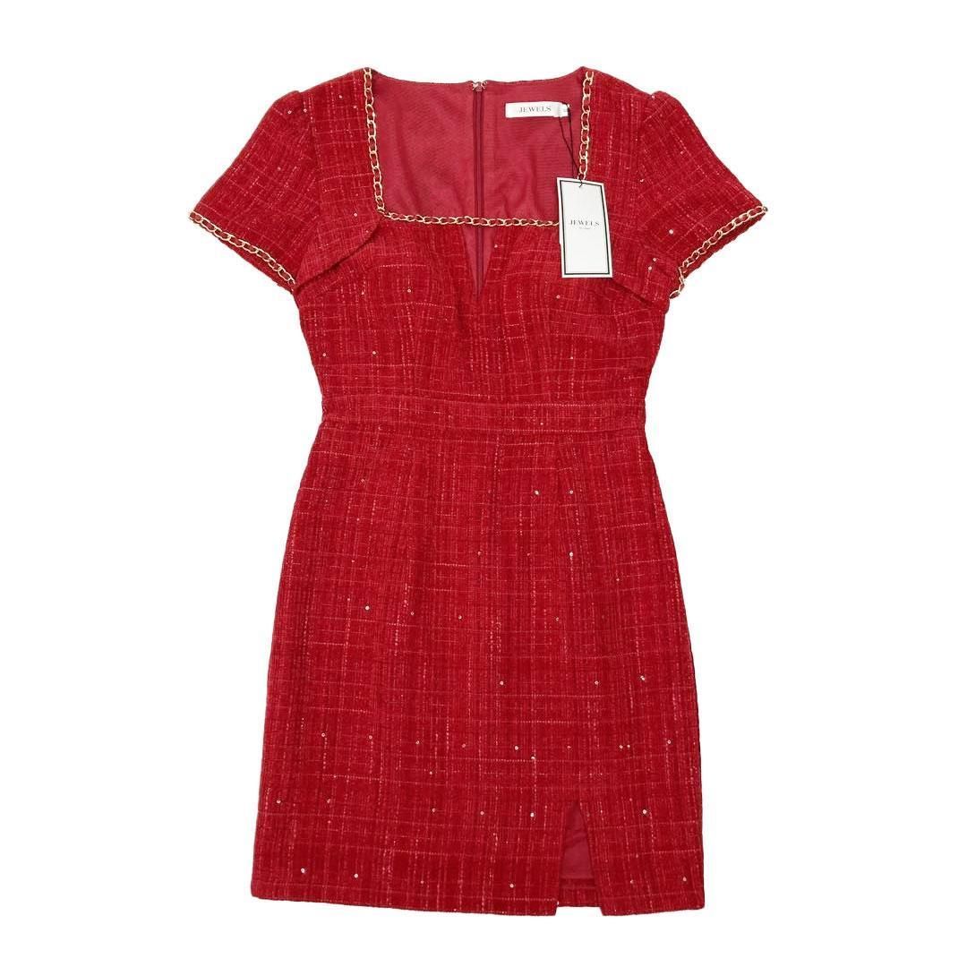 JEWELS 本物 / ジュエルズ】ツイードミニドレス チェーン ワインレッド