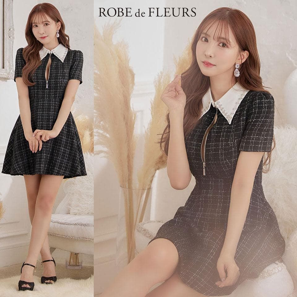 ROBE de FLEURS 襟付きジップツイードフレアミニキャバドレス ROBE de FLEURS / ローブドフルール】襟付きジップツイードフレアミニ