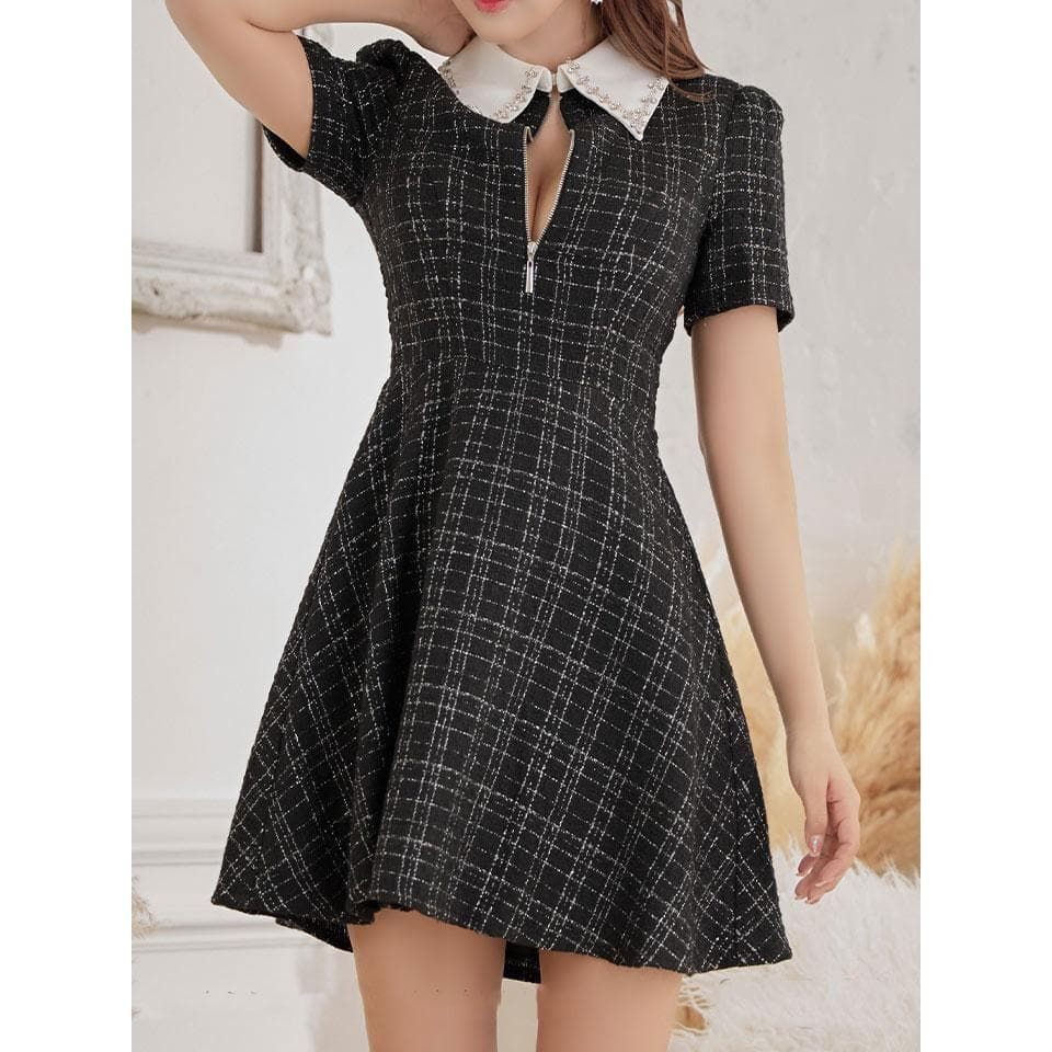 ROBE de FLEURS / ローブドフルール】襟付きジップツイードフレアミニ