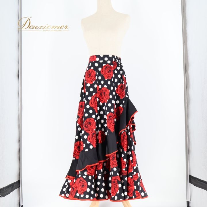 フラメンコ 衣装 ファルダ スカート 花柄 薔薇 水玉 ボランテ フリル