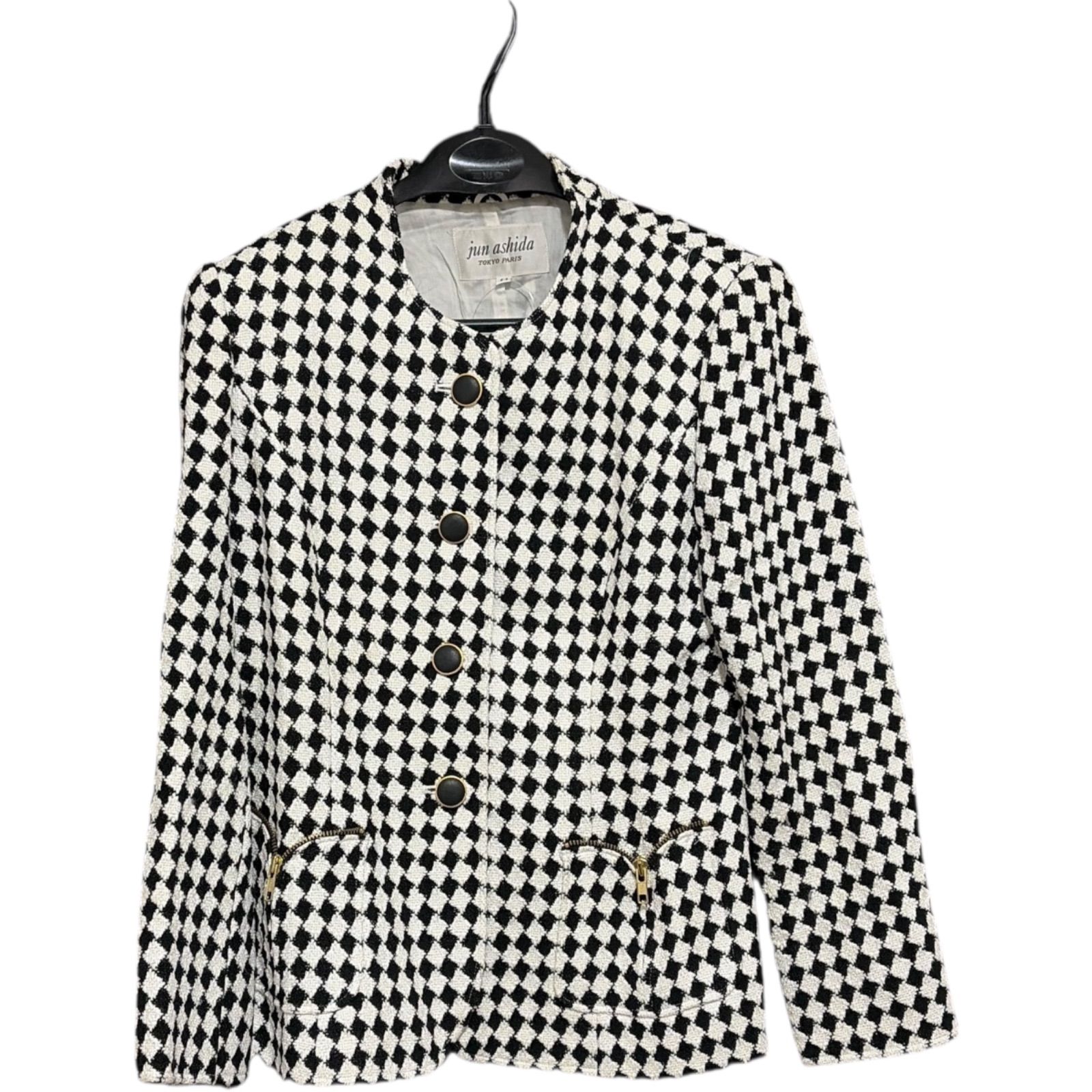 【極美品】★jun ashida　ノーカラー　総柄　シルクジャケット　Ｌ ZK9 jun ashida ジュンアシダ ノーカラー ジャケット 千鳥格子