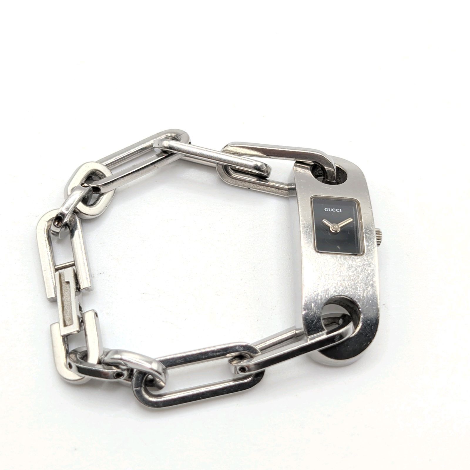 GUCCI 6100L Watch Quartz Ladies Round Silver Black dial Chain Y2K