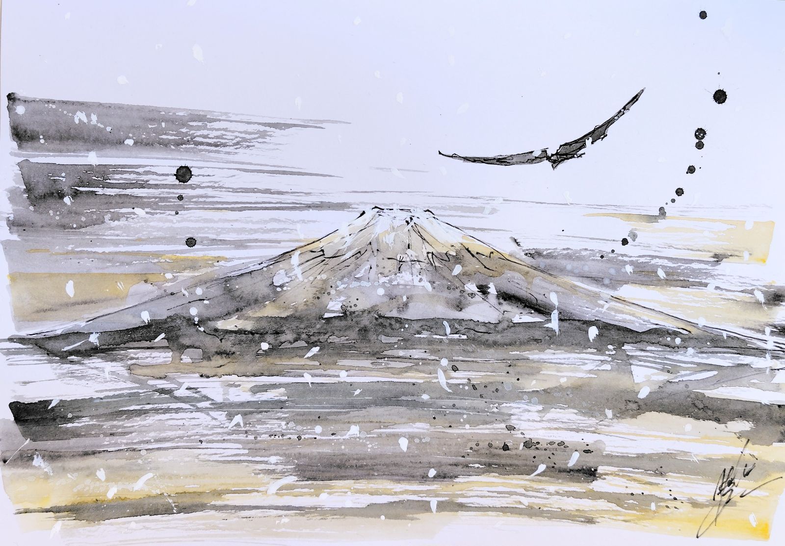 原画#162 鷹 富士山 雪 日本 水彩画 ドローイング インテリア アート