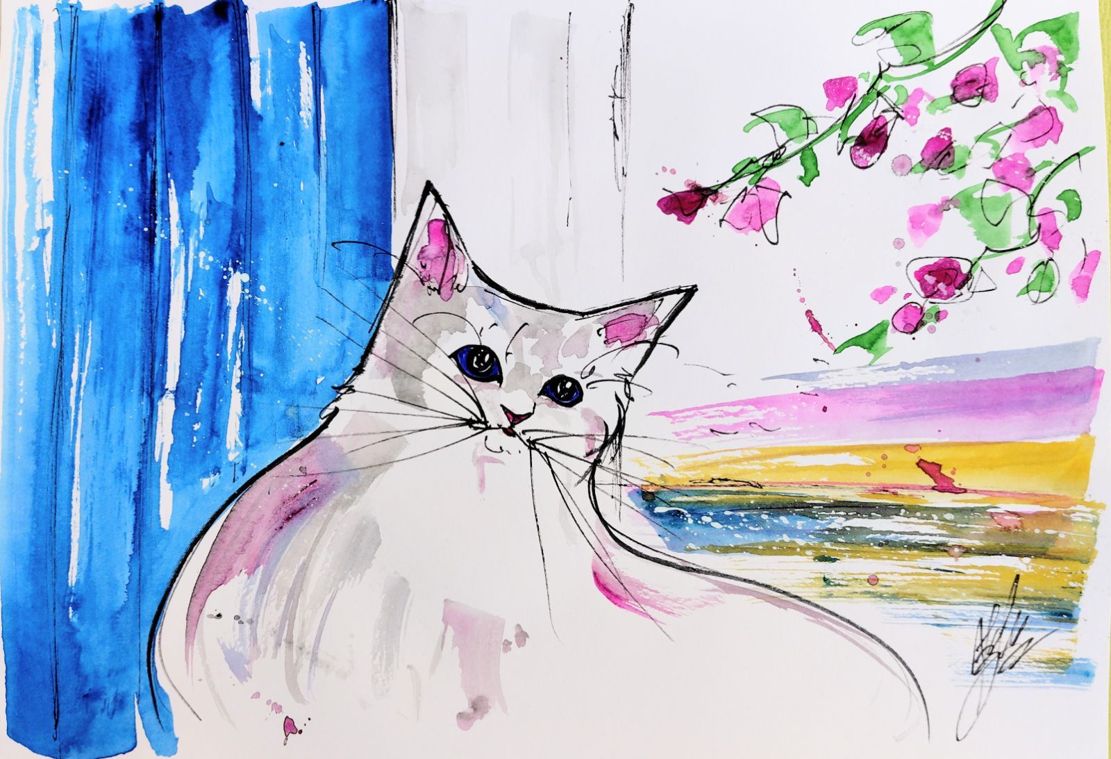 潤*子様 「 逆境こそ笑って 」｜絵画 原画 抽象画 絵 画家 動物画 ドローイ 原画#164 猫 夕暮れ サントリーニ島 海 水彩画 ドローイング イラスト