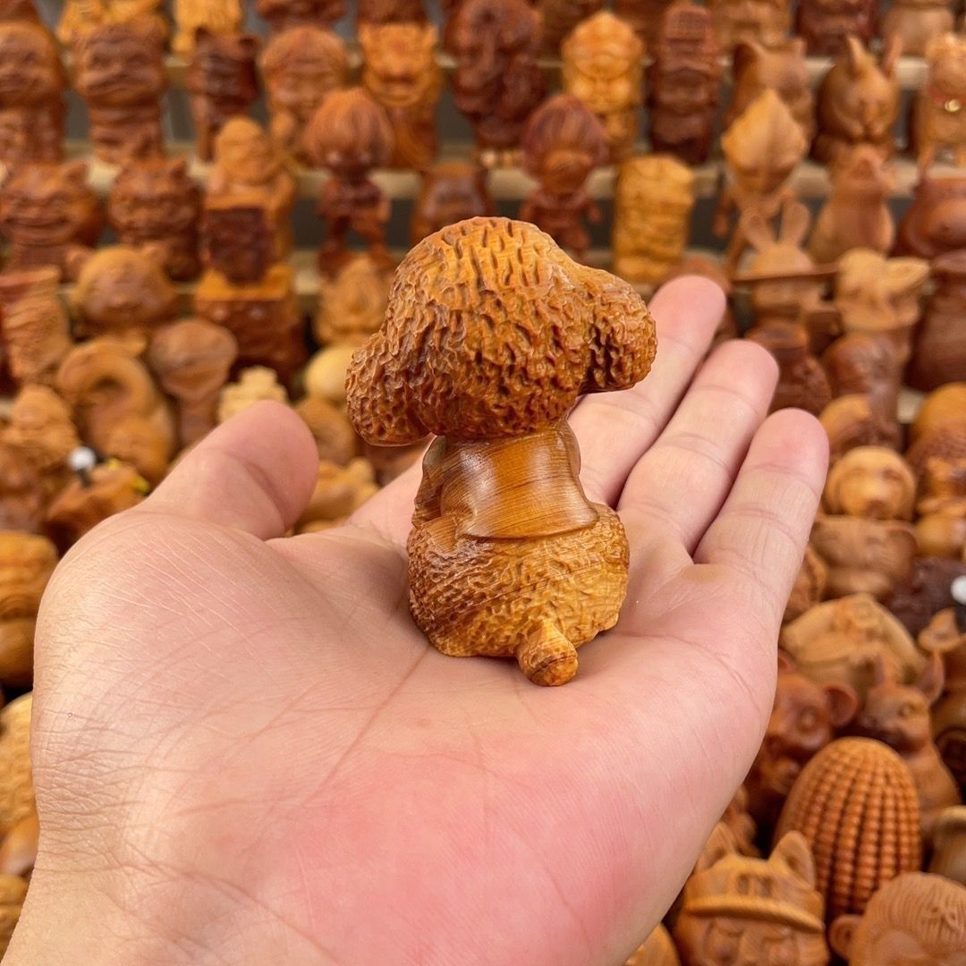 純手工彫刻 崖柏（がいぼく）木製 テディ犬 キュートな犬 手彫り置物