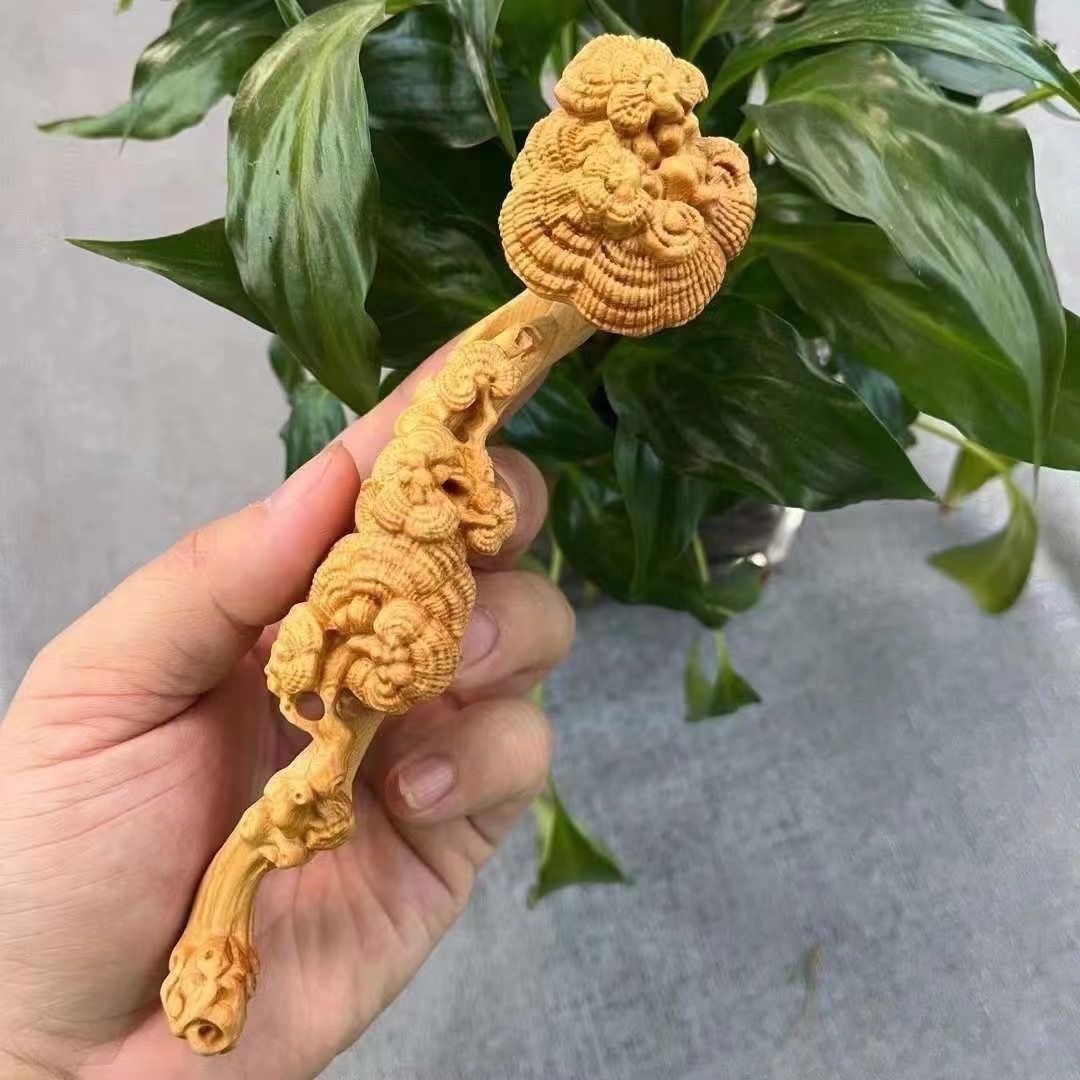 純手工彫刻 崖柏（がいぼく） 霊芝如意 木彫り 手遊び 置物 インテリア
