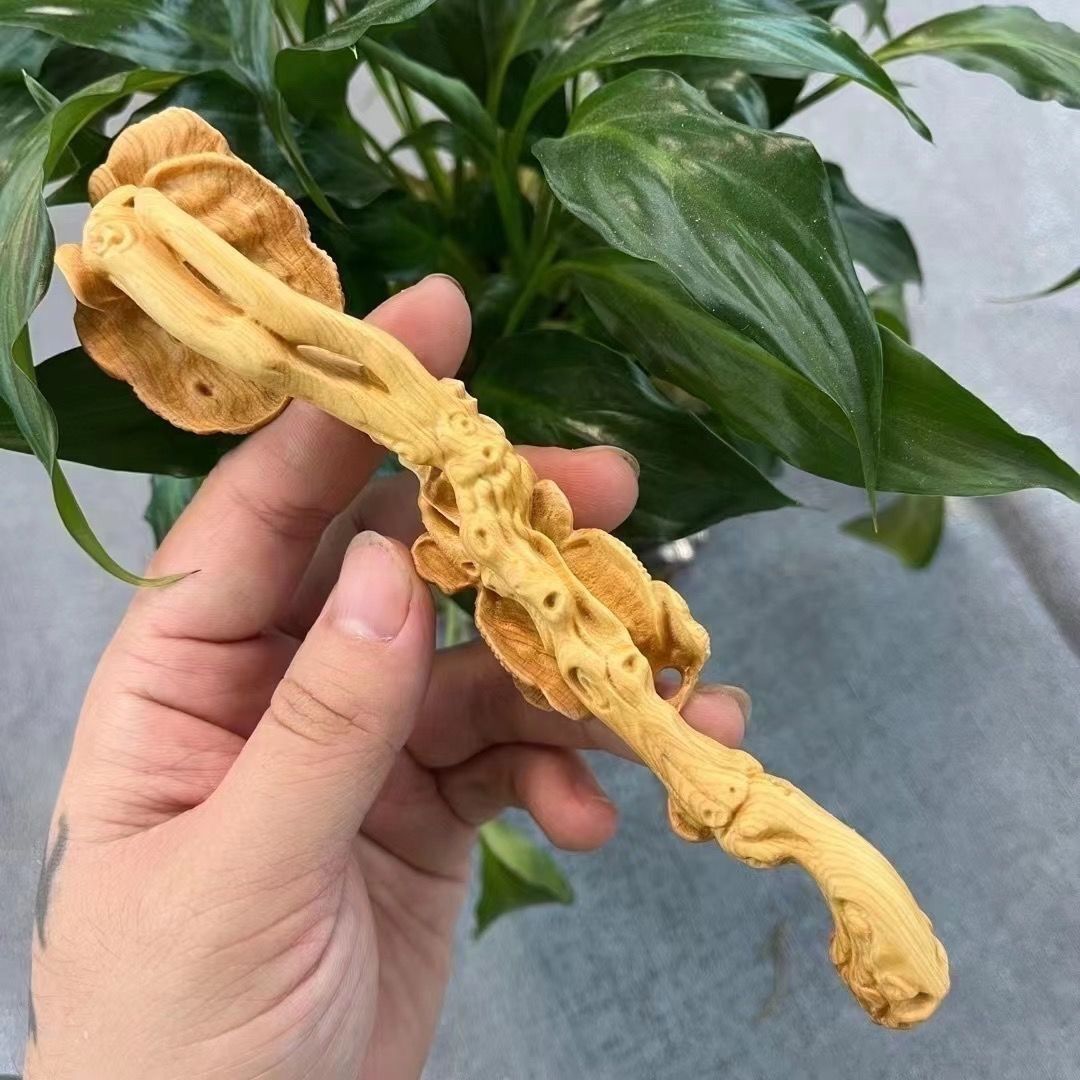 純手工彫刻 崖柏（がいぼく） 霊芝如意 木彫り 手遊び 置物 インテリア