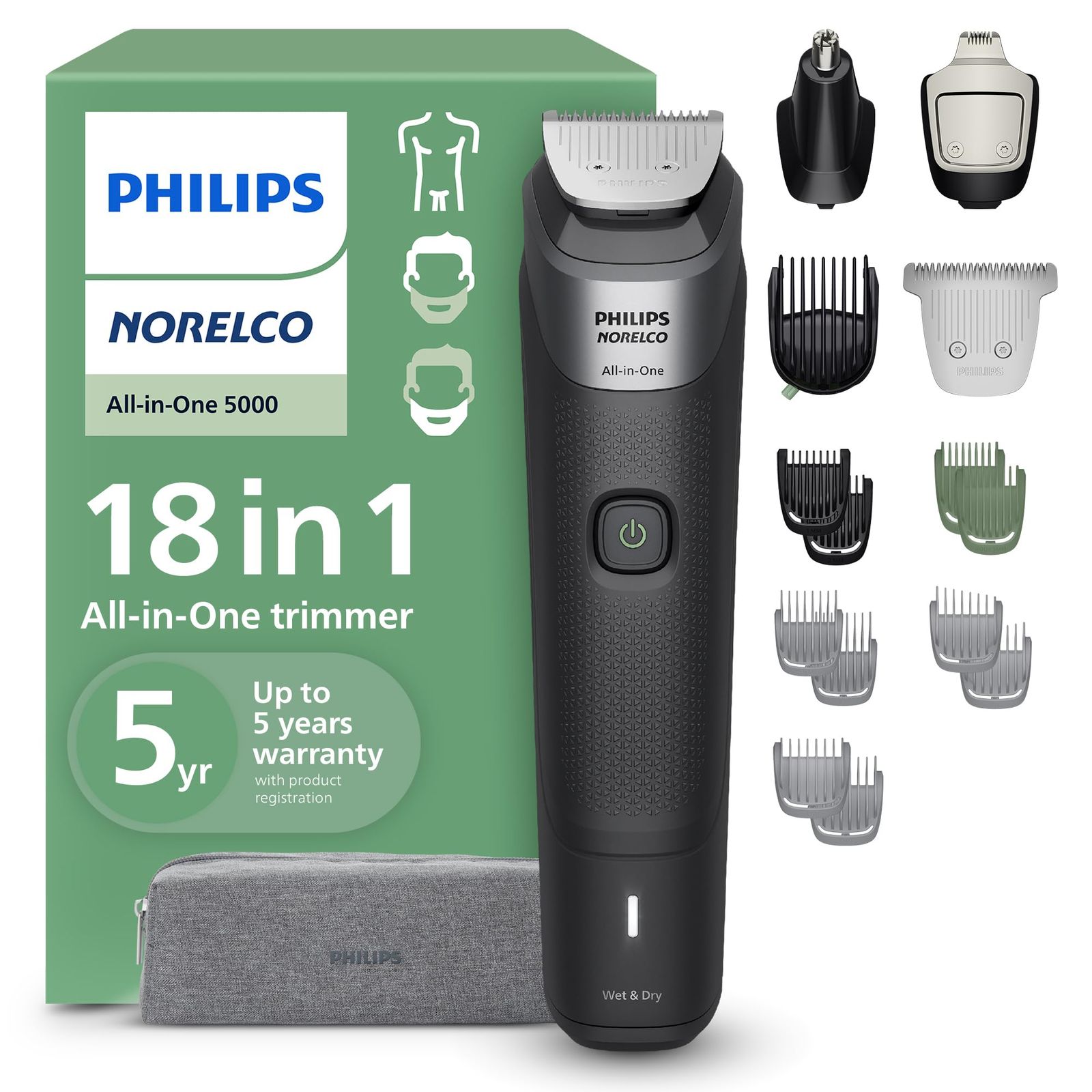 Philips Norelco Multigroom Series 5000, All-in-One Trimmer and Hair Clipper, 18-Piece Men's Grooming Kit for Beard, Face, Nose, E