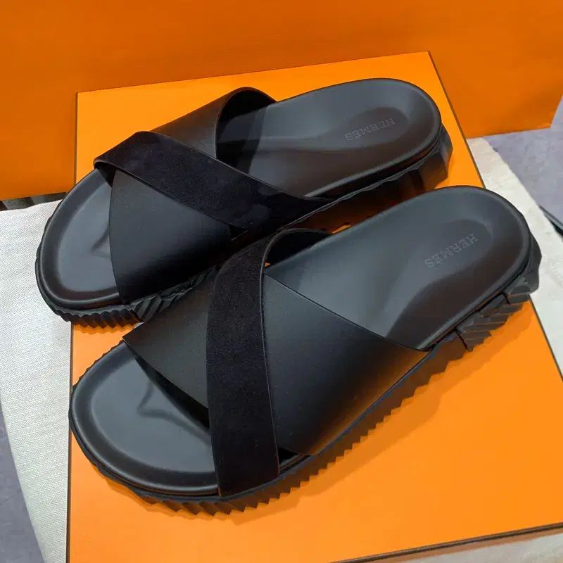 メンズ/Hermes インフラ サンダル/カーフスキン スウェード ブラック H