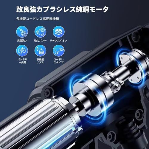 高圧洗浄機 コードレス 充電式 高圧洗車機 バッテリー式 最大吐出圧力10 MPa高圧洗浄機 6 in 1多機能 24 V 20000 mAh大容量バッテリ 高性能 持ち運び便利 ノズル付き 自動吸水 洗車 エアコン 庭 花園用 階段 8 a 65 b 51 e