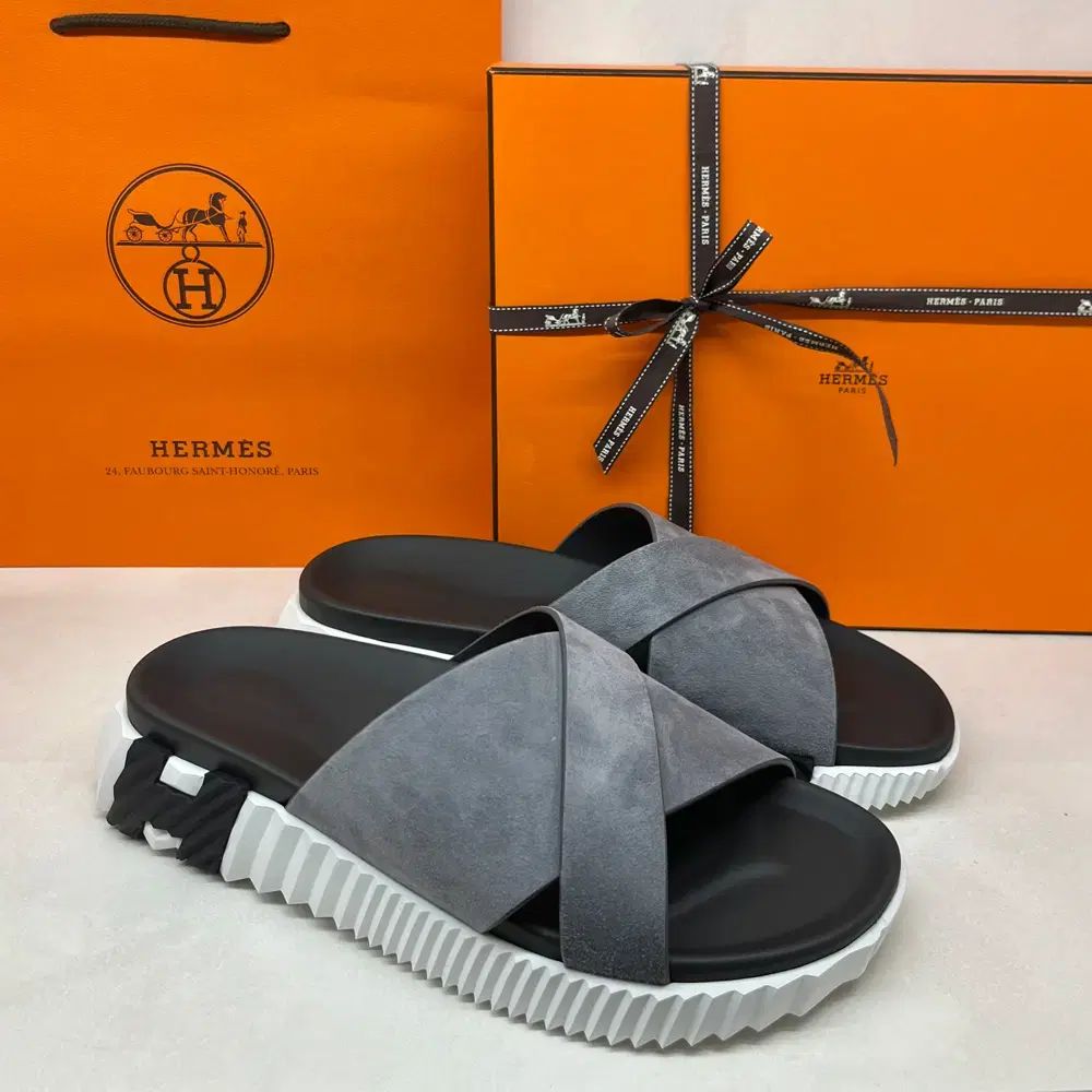 メンズ/Hermes インフラ サンダル/スウェード カーフスキン グレー H