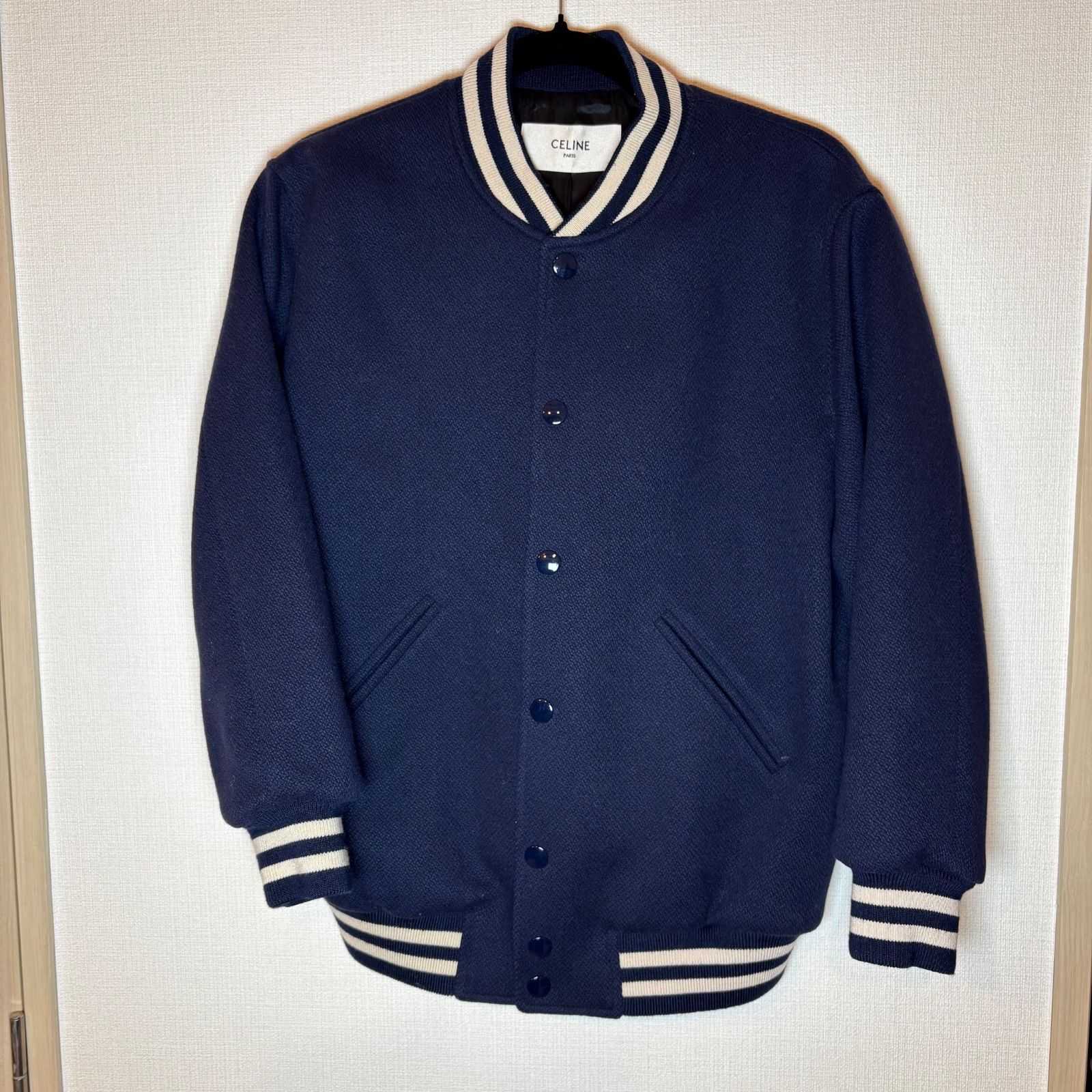 セリーヌ CELINE スタジャン ウール バックロゴ ネイビー 紺色 美品