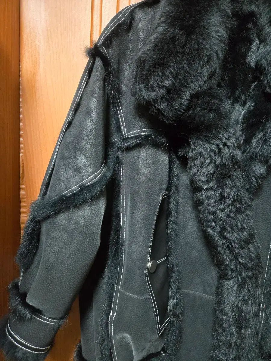 ブラックシープスキンムートンコート 1980's ショールカラー シープスキンコート オールブラック 実寸