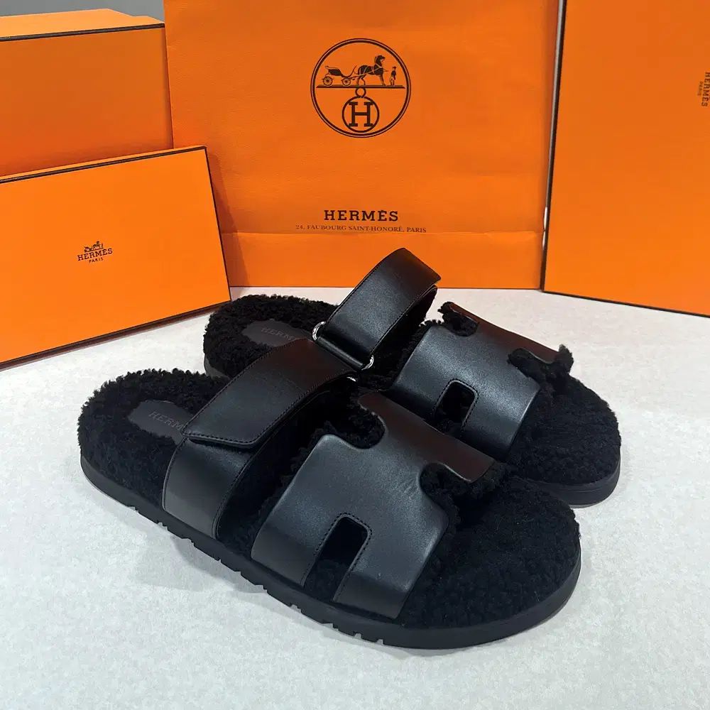 メンズ Hermes エルメス Shearling シプレ サンダル スウェード ゴートスキン ブラック