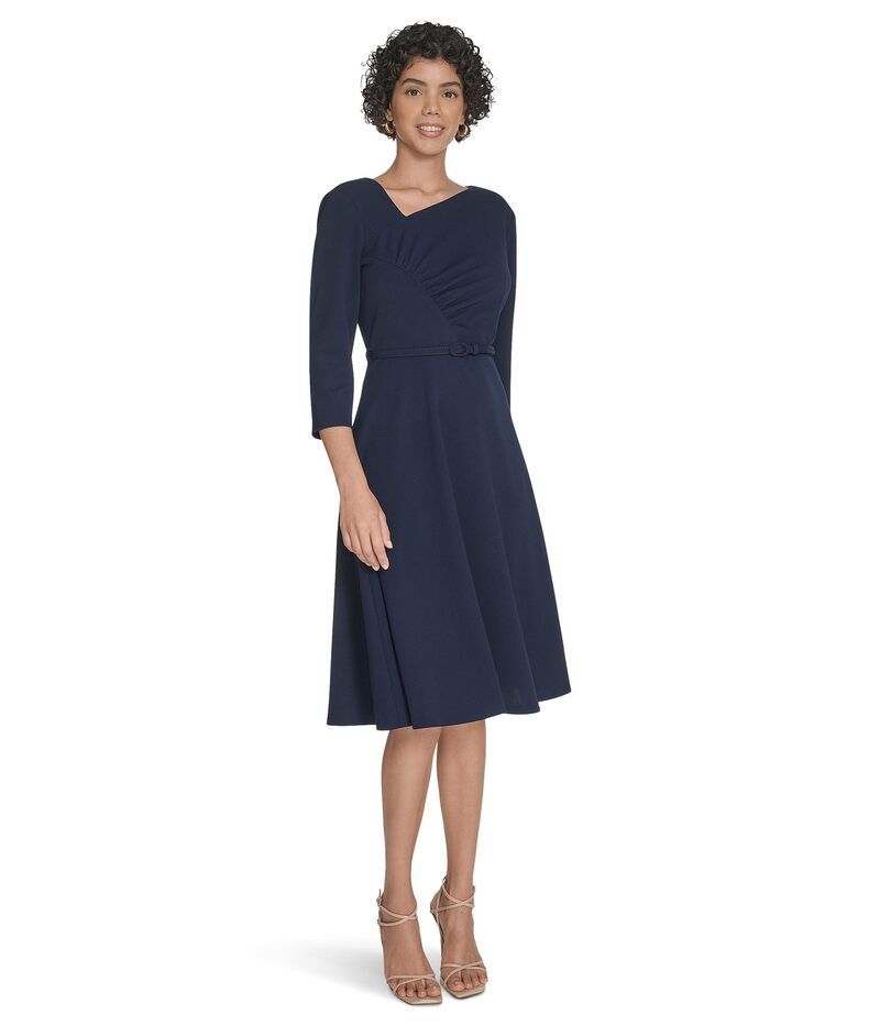 (取寄) カルバンクライン レディース 3/4 スリーブ アシンメトリカル ミディ   women 3/4 Sleeve Asymmetrical Midi Indigo カルバンクライン レディース トップス ワンピース アシンメトリー