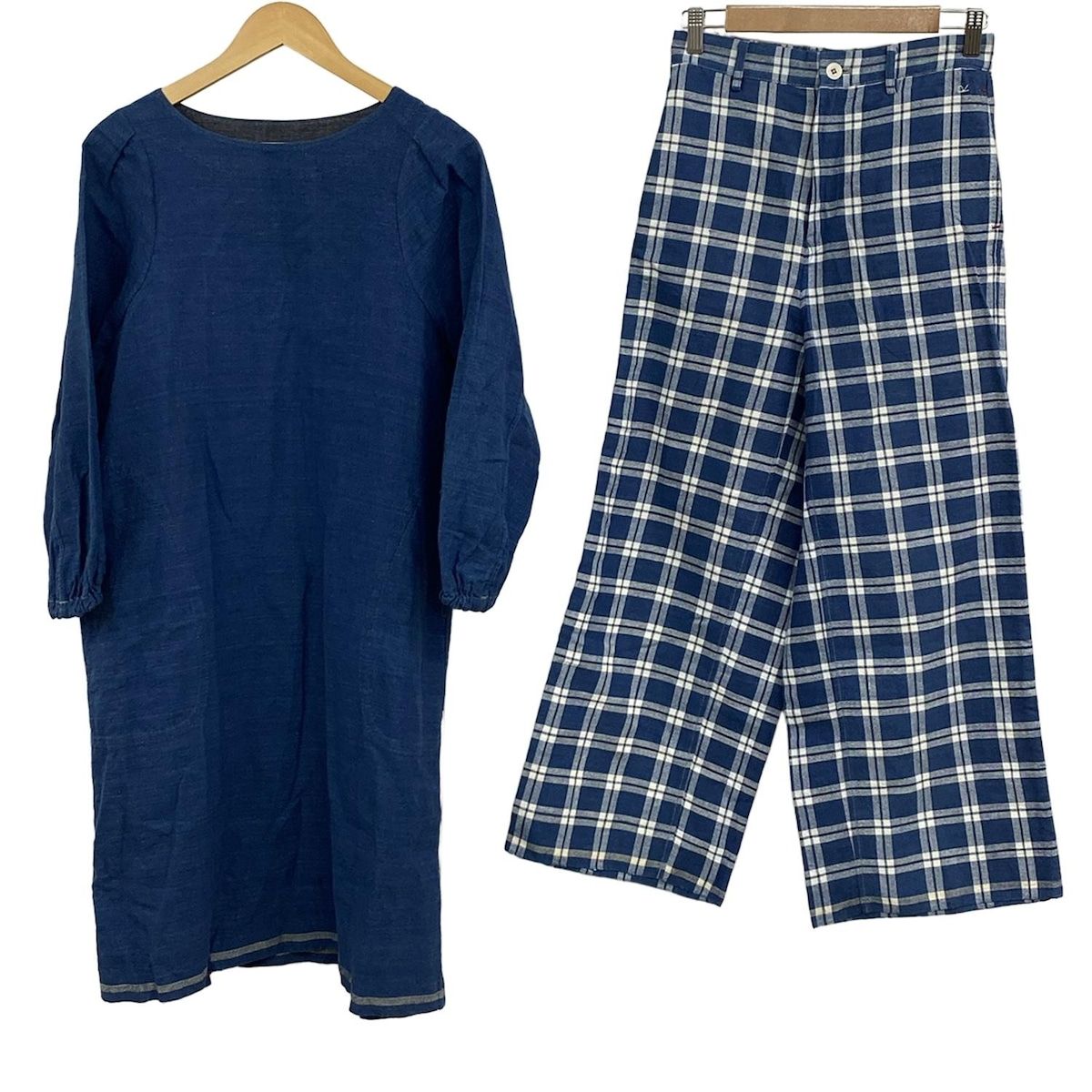 45 R フォーティーファイブ アール レディースパンツセットアップ レディース ブルー 白 チェック柄 ウエストゴム