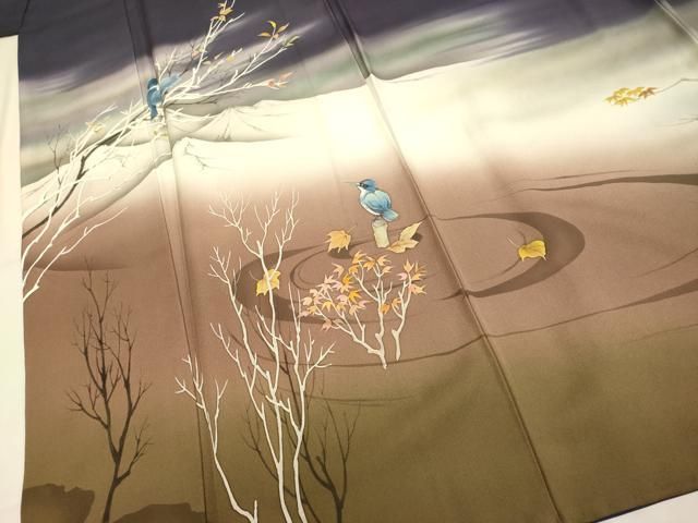 平和屋着物▽訪問着 作家物 手描き 遠山花鳥文 暈し染め 正絹 逸品