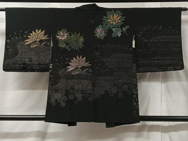 平和屋着物＃羽織 寿光織 草花文 黒地 金銀糸 正絹 逸品 CABB5327ua