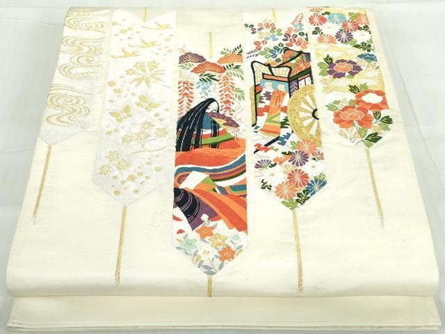 平和屋着物◎太鼓柄袋帯 唐織 人物御所車花文 金銀糸 引箔 正絹 逸品