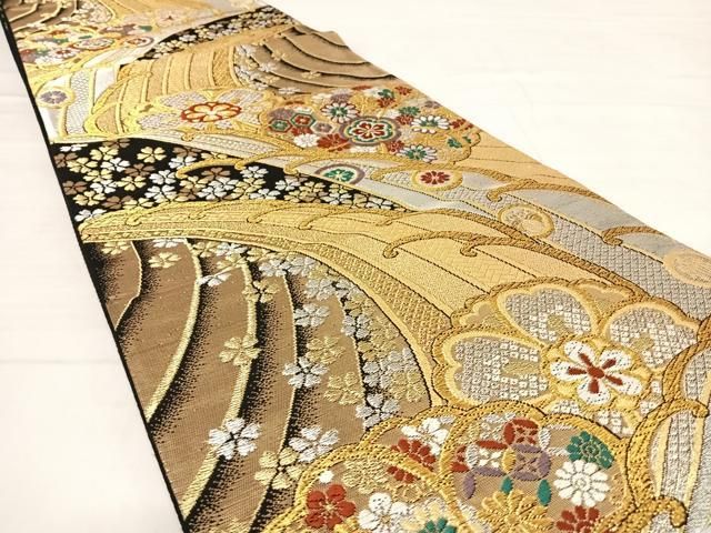 平和屋着物◎両面全通柄袋帯 唐織 立波舞花文 黒地 金銀糸 正絹 逸品