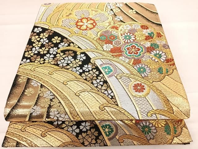 平和屋着物◎両面全通柄袋帯 唐織 立波舞花文 黒地 金銀糸 正絹 逸品