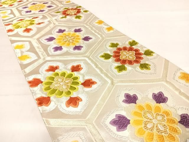 平和屋着物◎六通柄袋帯 唐織 亀甲花文 金銀糸 正絹 逸品 AABD7314yx