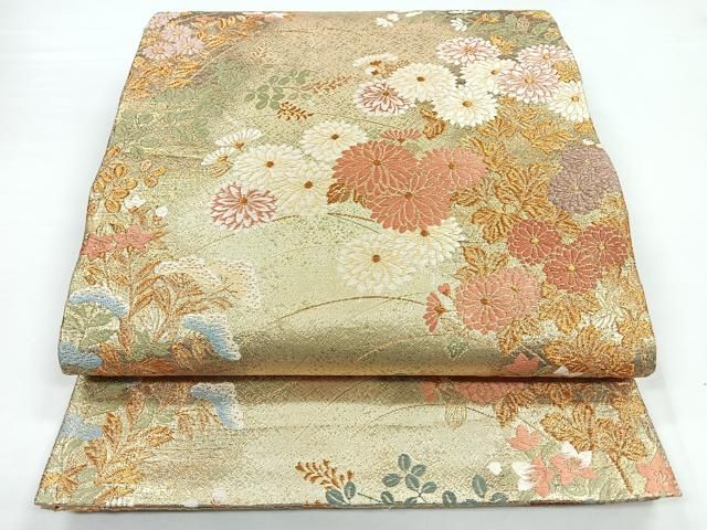 平和屋着物◎六通柄袋帯 唐織 秋草文 金糸 正絹 逸品 CABB1025nb