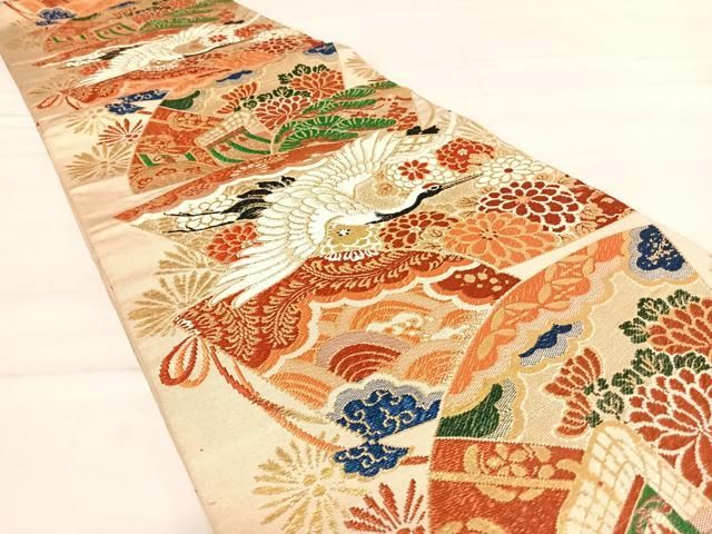 平和屋着物◎アンティーク 大正ロマン 丸帯 唐織 飛鶴吉祥花文 金糸