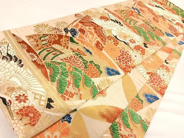 平和屋着物◎アンティーク 大正ロマン 丸帯 唐織 飛鶴吉祥花文 金糸