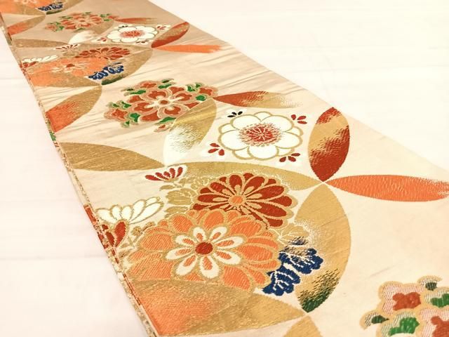 平和屋着物◎アンティーク 大正ロマン 丸帯 唐織 飛鶴吉祥花文 金糸