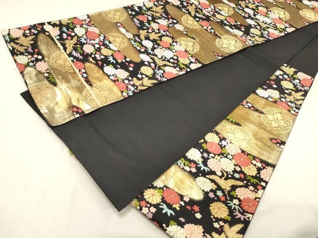 平和屋着物◎六通柄袋帯 唐織 霞取り飛鶴花文 松竹梅 黒地 金糸 正絹