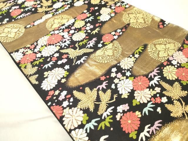 平和屋着物◎六通柄袋帯 唐織 霞取り飛鶴花文 松竹梅 黒地 金糸 正絹