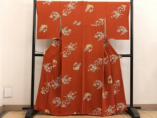 平和屋着物□上質な小紋 椿花文 鬼しぼ縮緬 正絹 逸品 BAAW1813mz