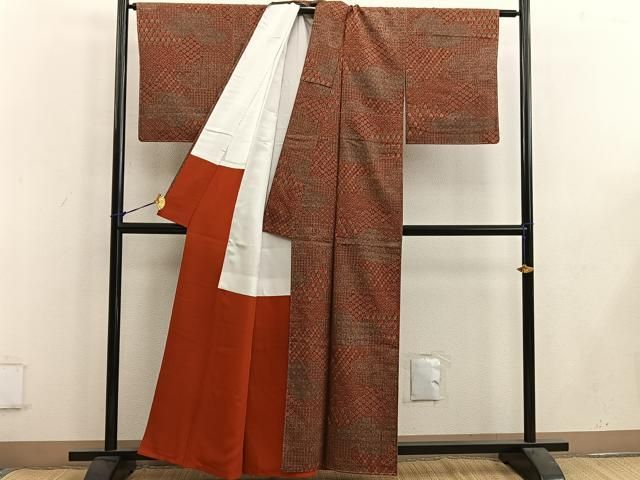 平和屋着物□上質な小紋 紬地 草木更紗染 雲取り花文 反端付き 正絹