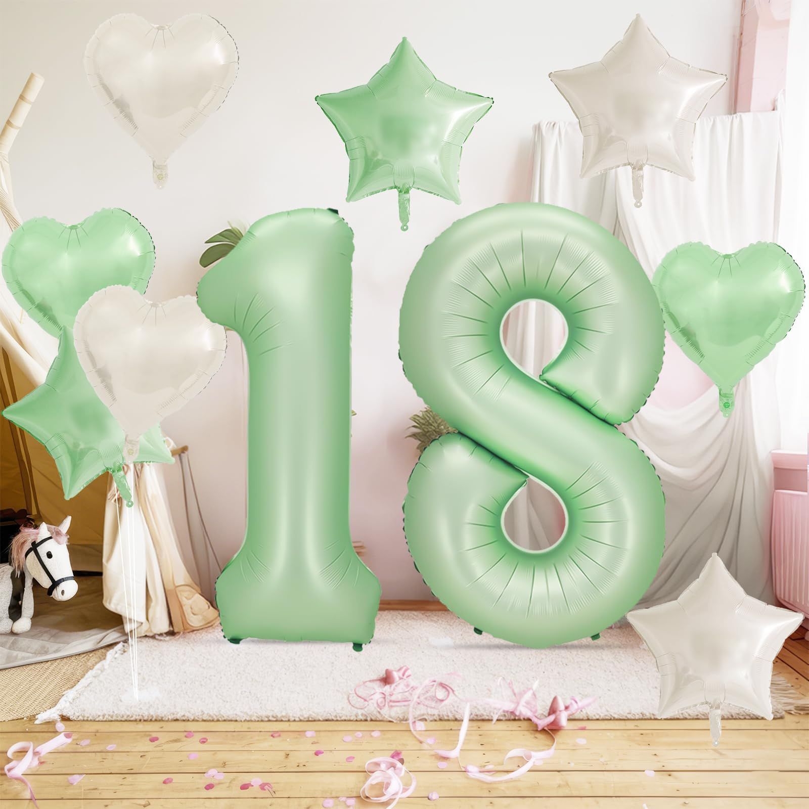 18歳 飾り付け 大きい数字 ナンバー18 ハート 星 風船セット スター アルミ風船 セット バースデー バルーン 飾り 記念日 お祝い パーティー 女の子 男の子 オリーブグリーン