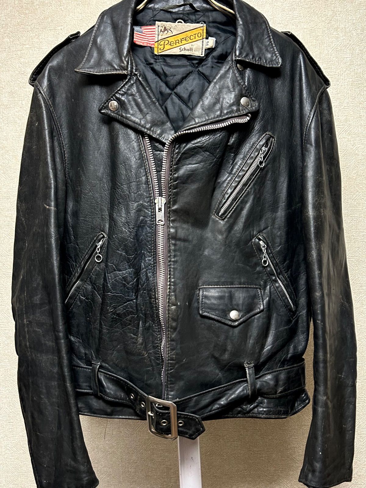 リアル牛タグ70,s Schott八角バックル茶芯R&Rライダース希少44ロング