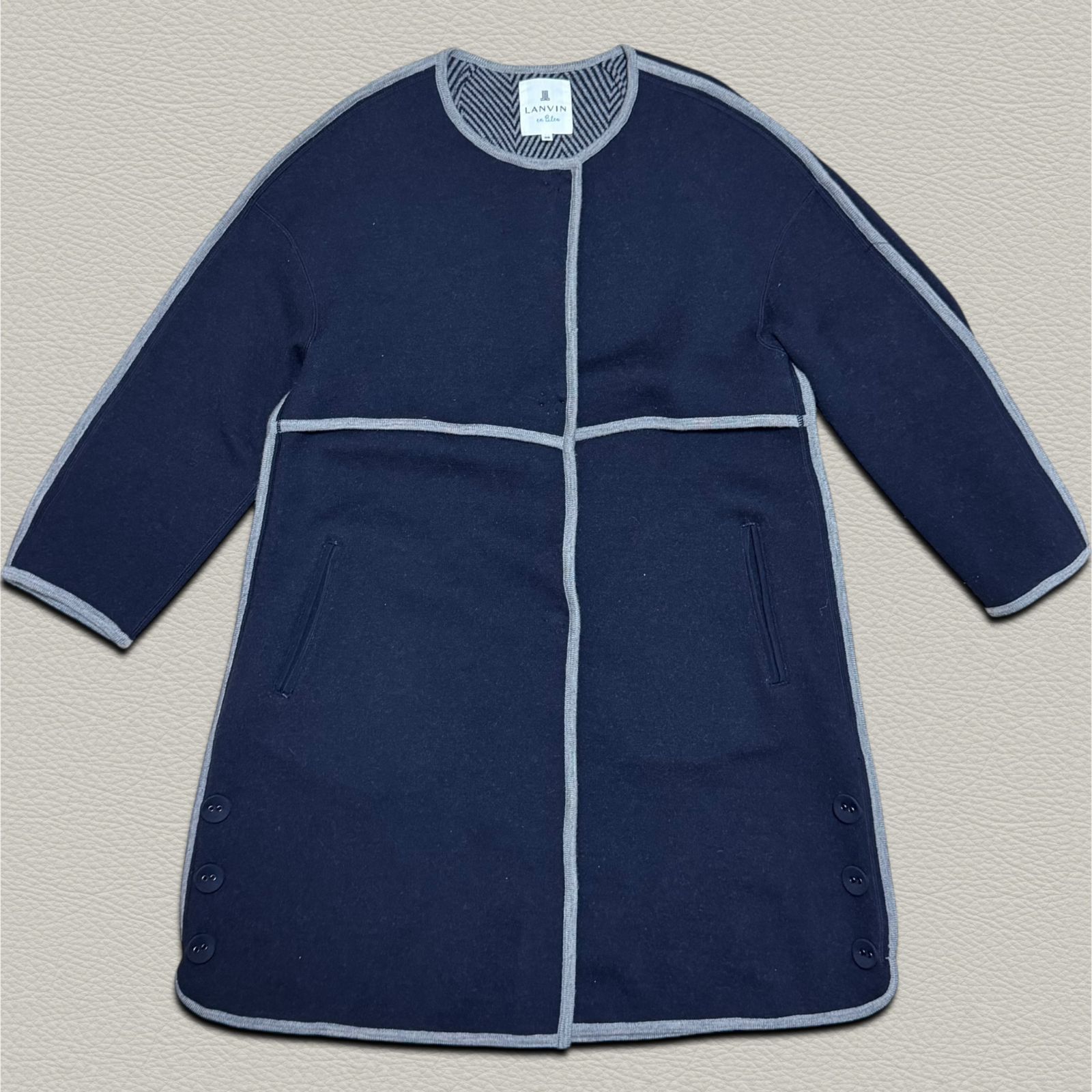 LANVIN en Bleu ストール付き ウールコート 36 ロング丈 ネイビー