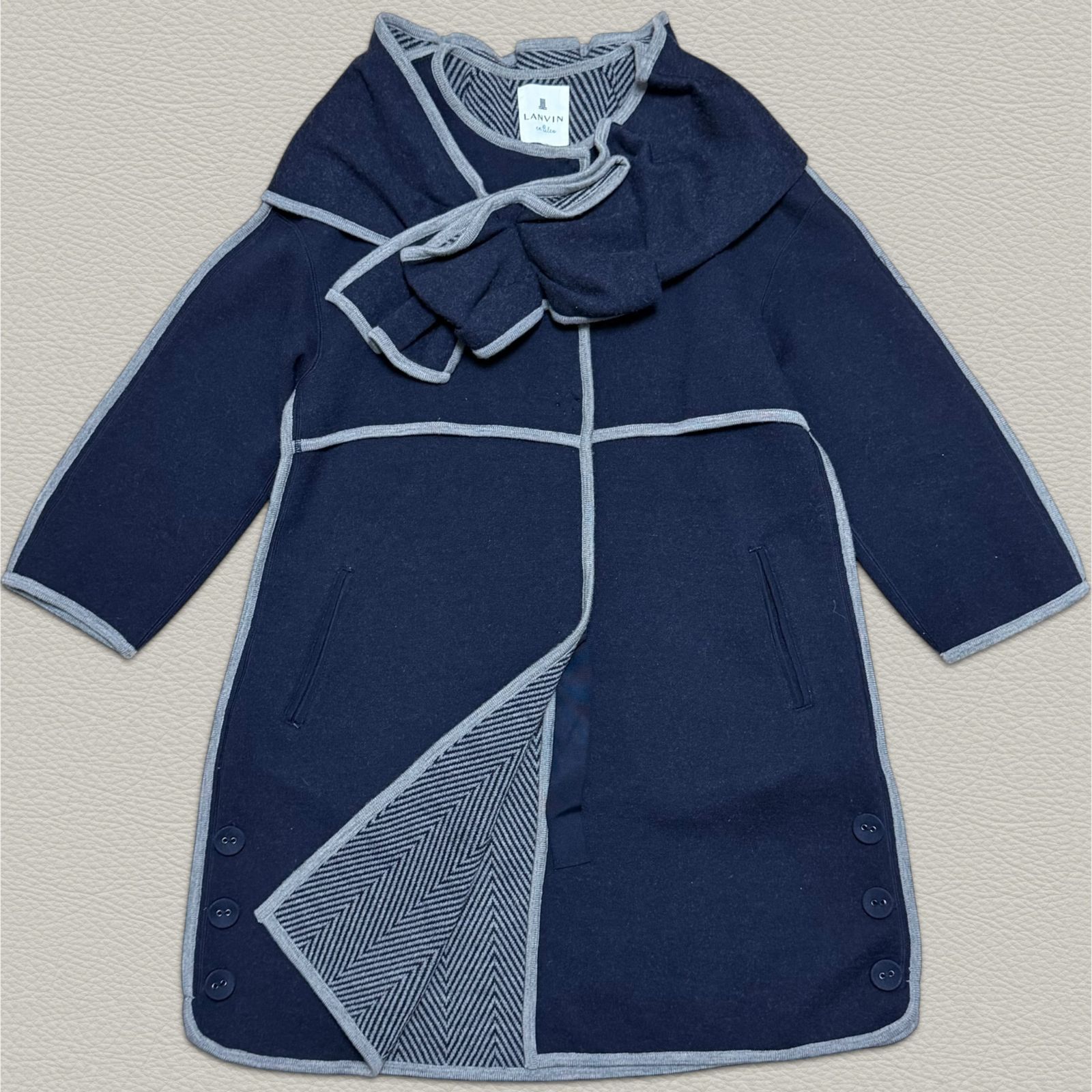 LANVIN en Bleu ストール付き ウールコート 36 ロング丈 ネイビー