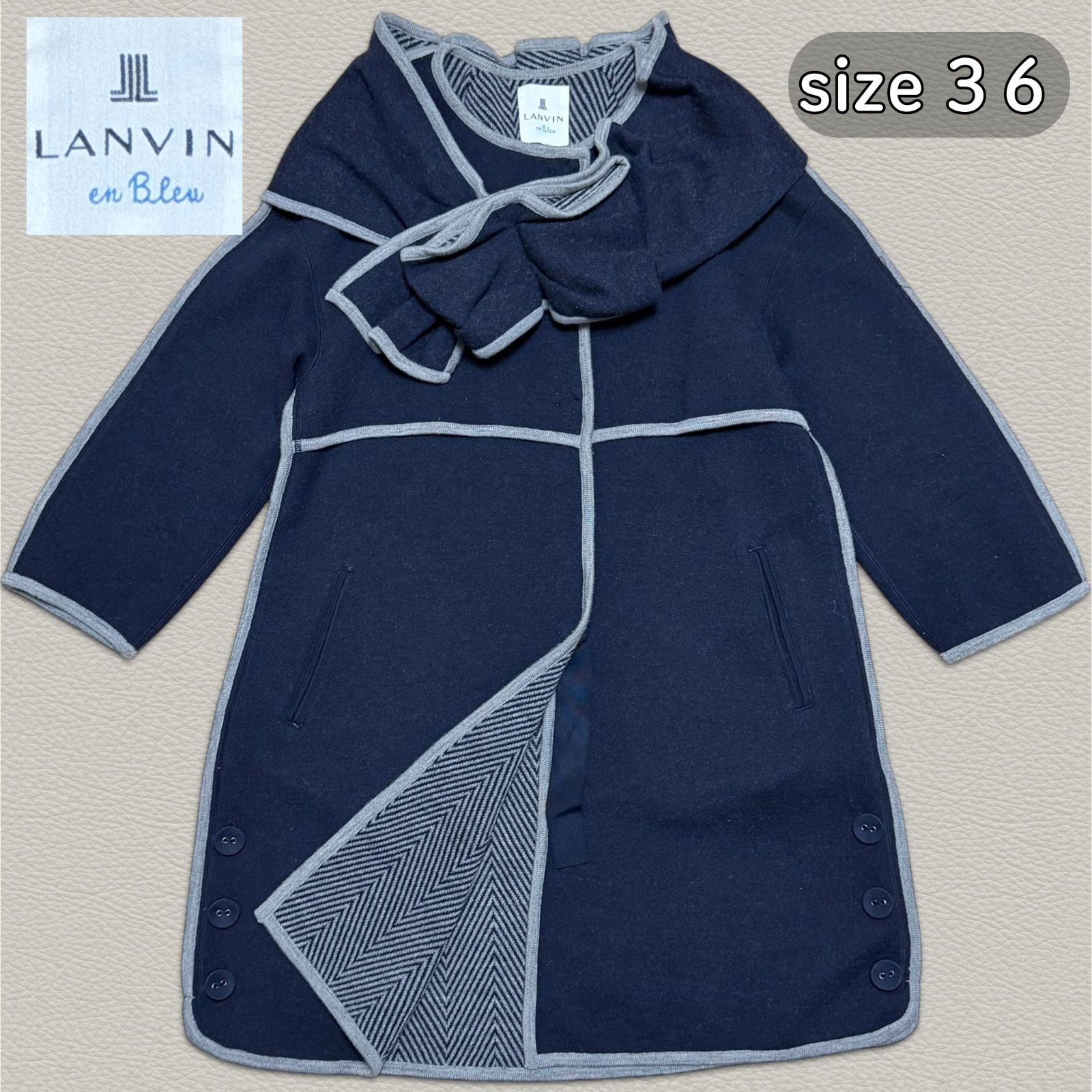 LANVIN en Bleu ストール付き ウールコート 36 ロング丈 ネイビー