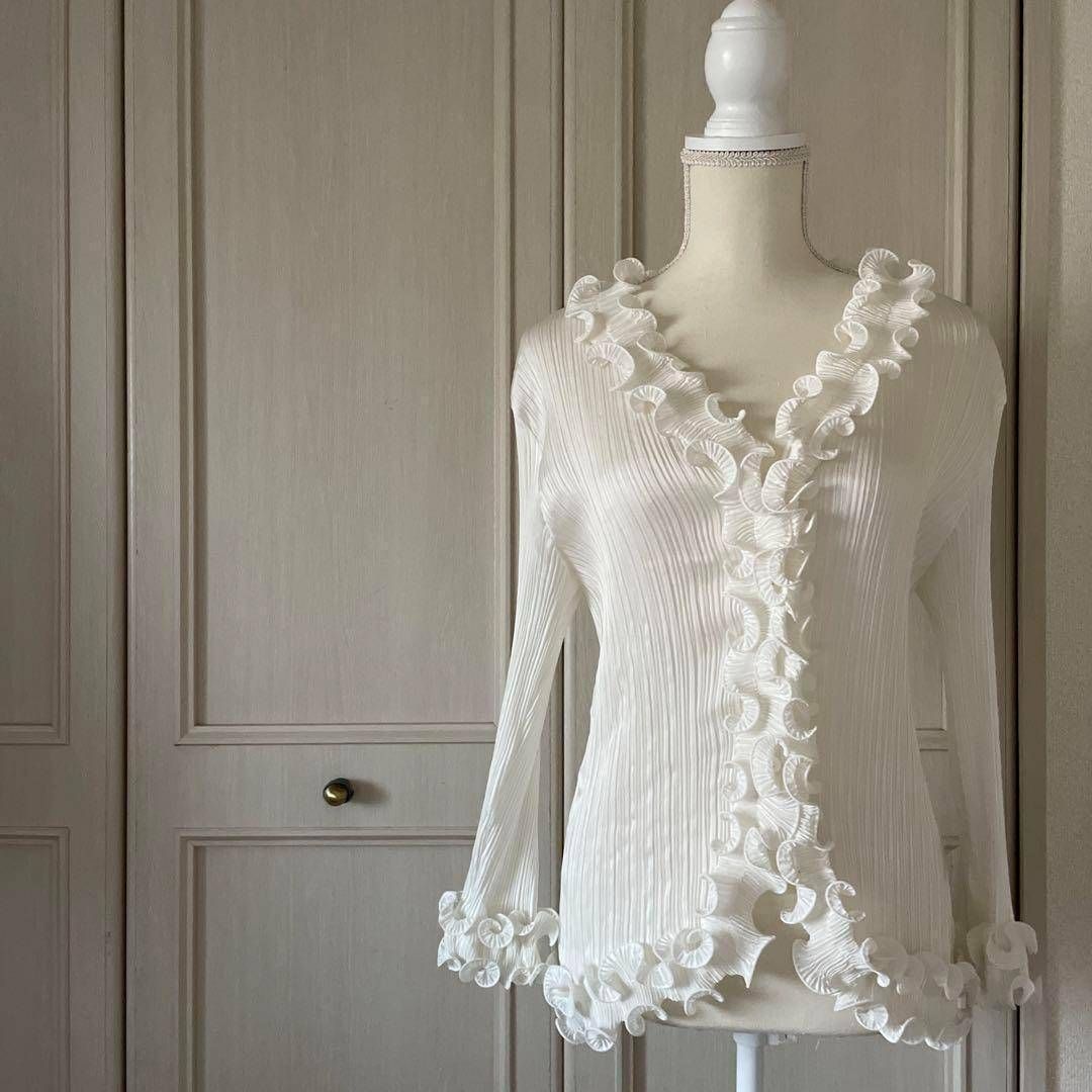 併売品 Laura インポート フリル ブラウス シャツ プリーツ カーディガン エレガント ホワイト オフホワイト アイボリー 白 シロ VINATAGE ヴィンテージ