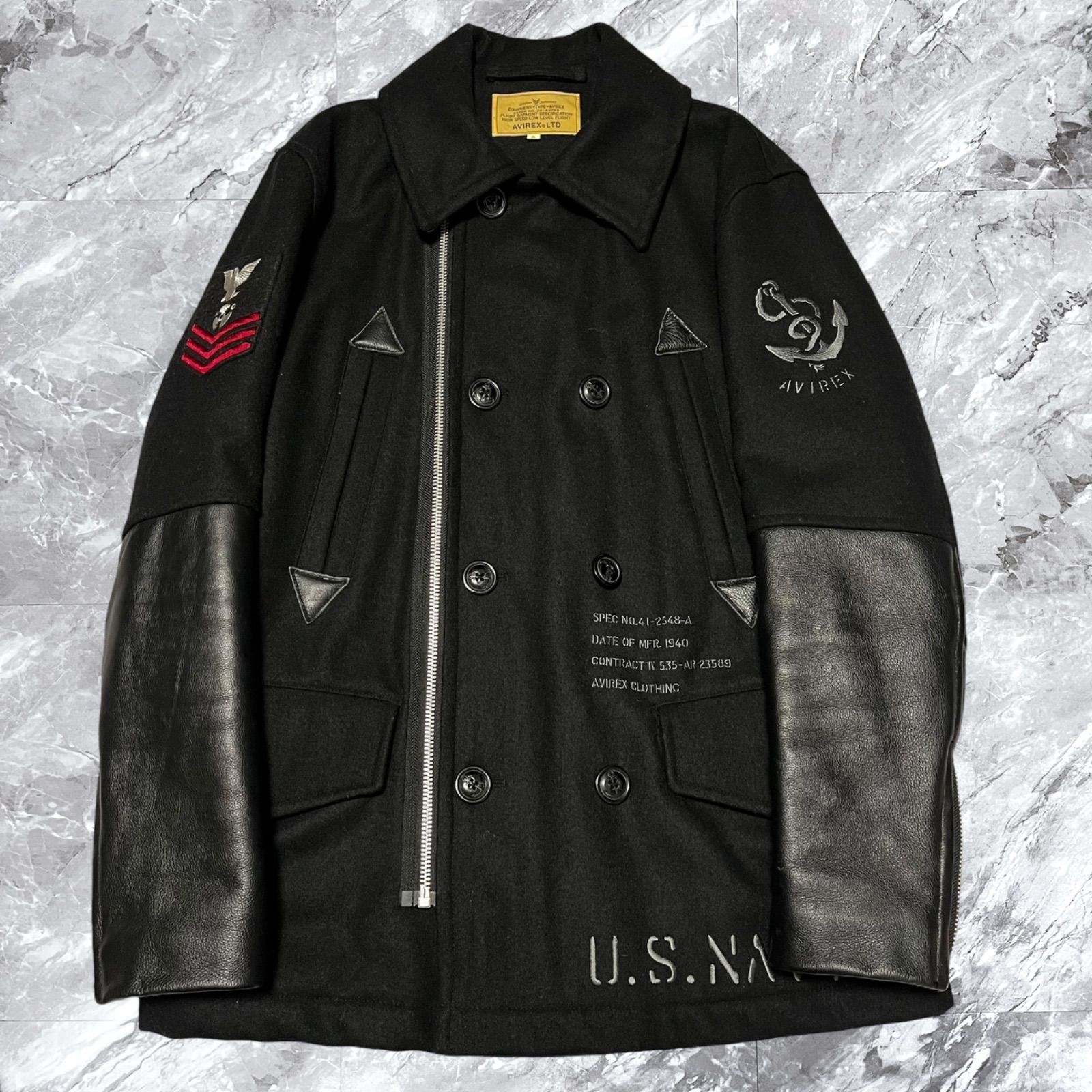 AVIREX Pコート＋ダブルライダース 牛革切替 ブラック　ワッペン　XL 楽天市場】AVIREX アビレックス ライダース ピーコート レザーワッペン