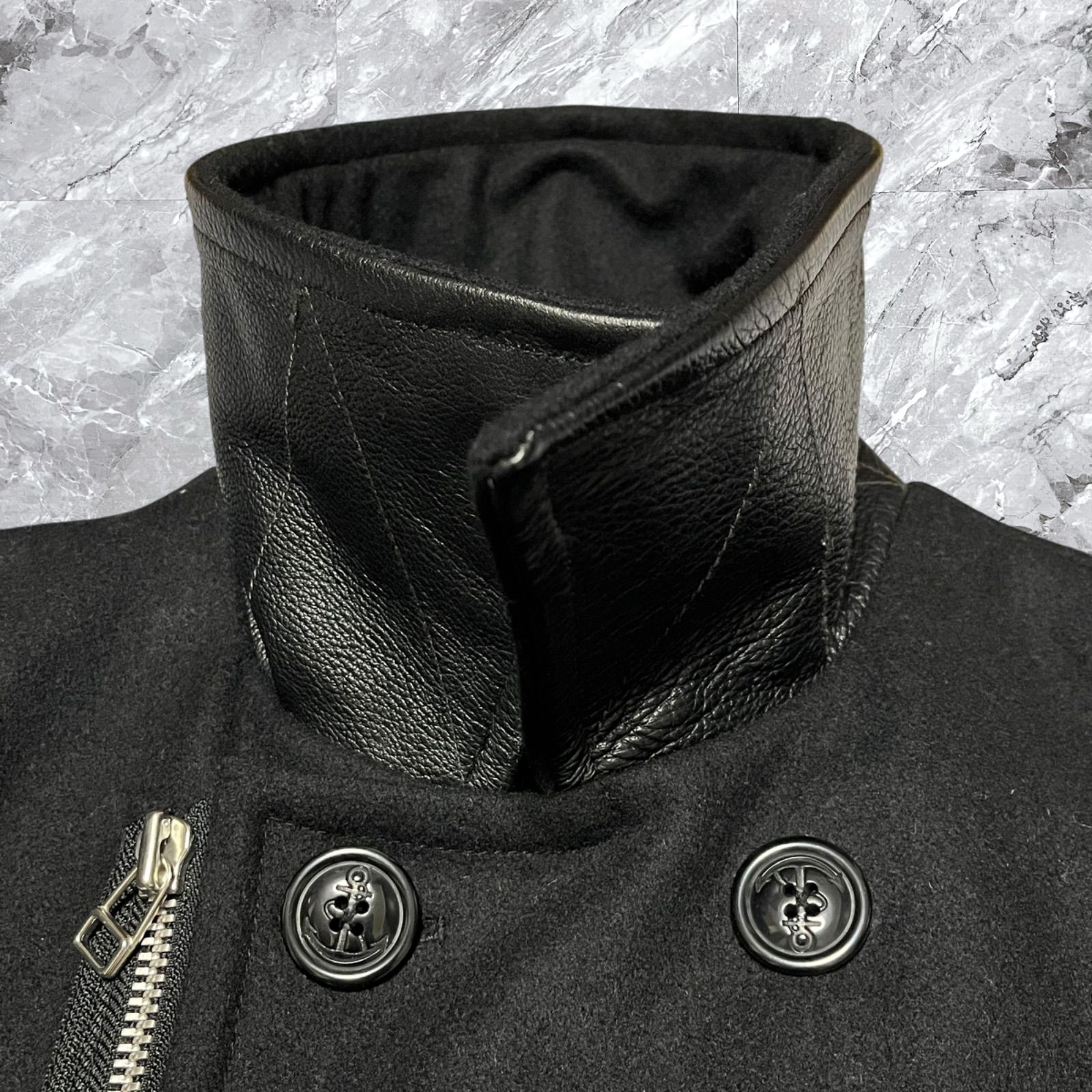 極美品/2XL アヴィレックス　Pコート レザー切替 牛革　キルティング　黒 大きいサイズ AVIREX アヴィレックス ダブルライダースジャケット