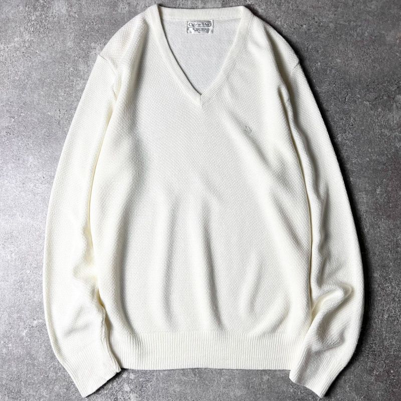 80s USA製 Christian Dior Vネック アクリル ニット セーター L / 80 