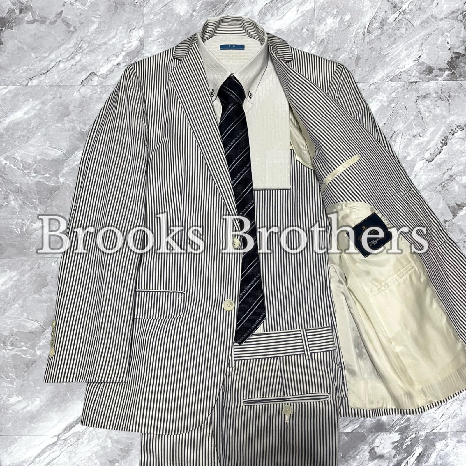 Brooks Brothers ブルックスブラザーズ セットアップ スーツ 上下セット シアサッカー コットン 綿 ストライプ ブルー系 青色系 ホワイト 白色 サイズ46 M相当