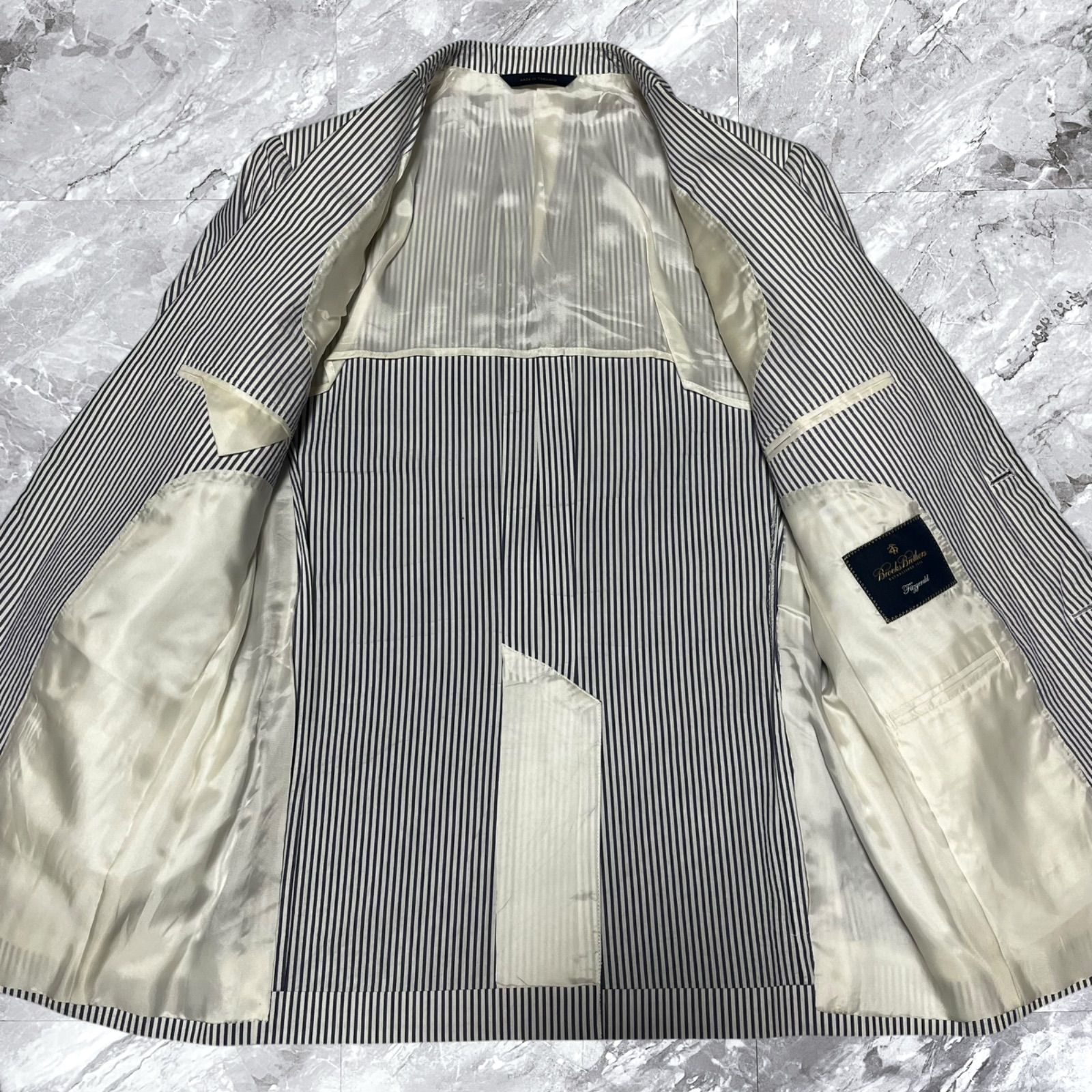 Brooks Brothers ブルックスブラザーズ セットアップ スーツ 上下セット シアサッカー コットン 綿 ストライプ ブルー系 青色系 ホワイト 白色 サイズ46 M相当 無地シャツ 着回し力
